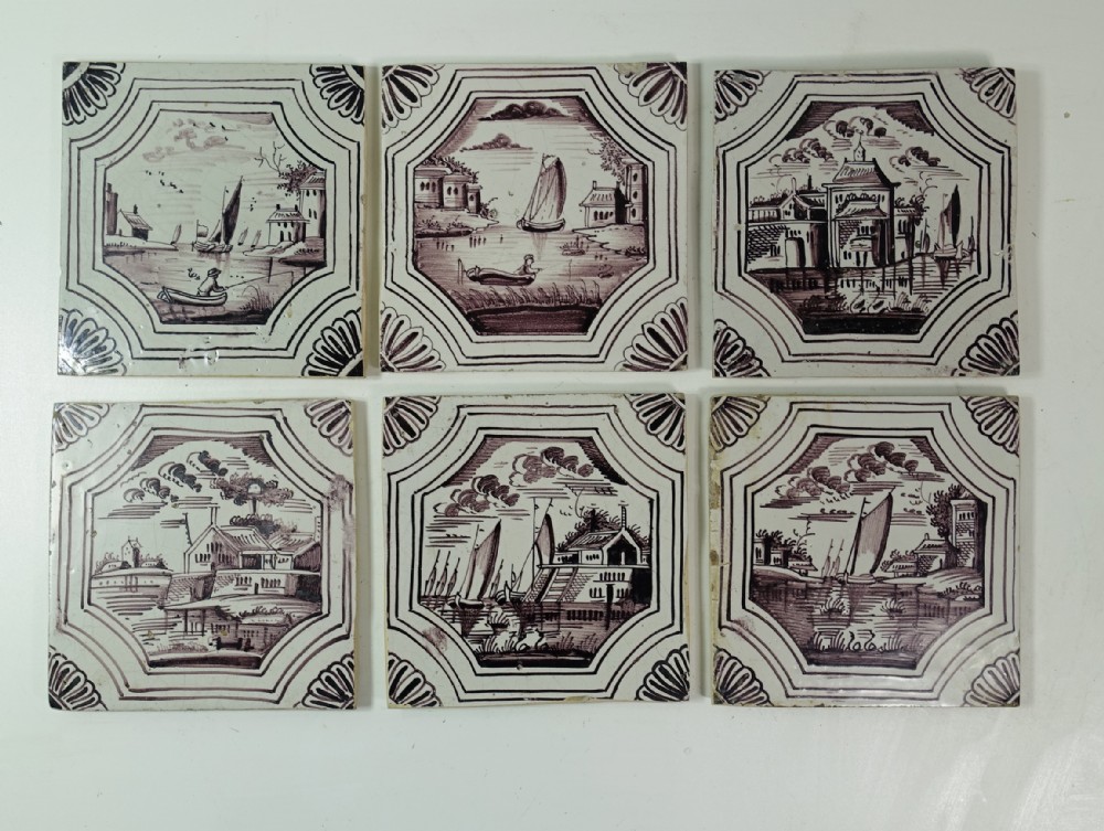 SET OF SIX 18TH C DELFT MANGANESE TILES