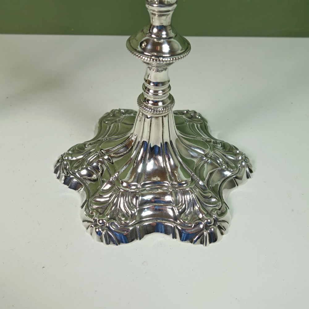 PAIR OF 18TH C CAST SILVER CANDLESTICKS View II