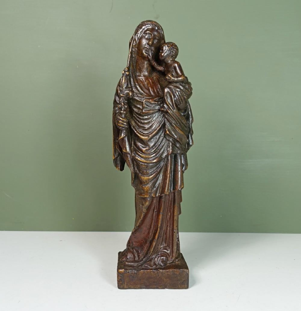 19TH C CARVED WALNUT FIGURE OF MADONNA & CHILD