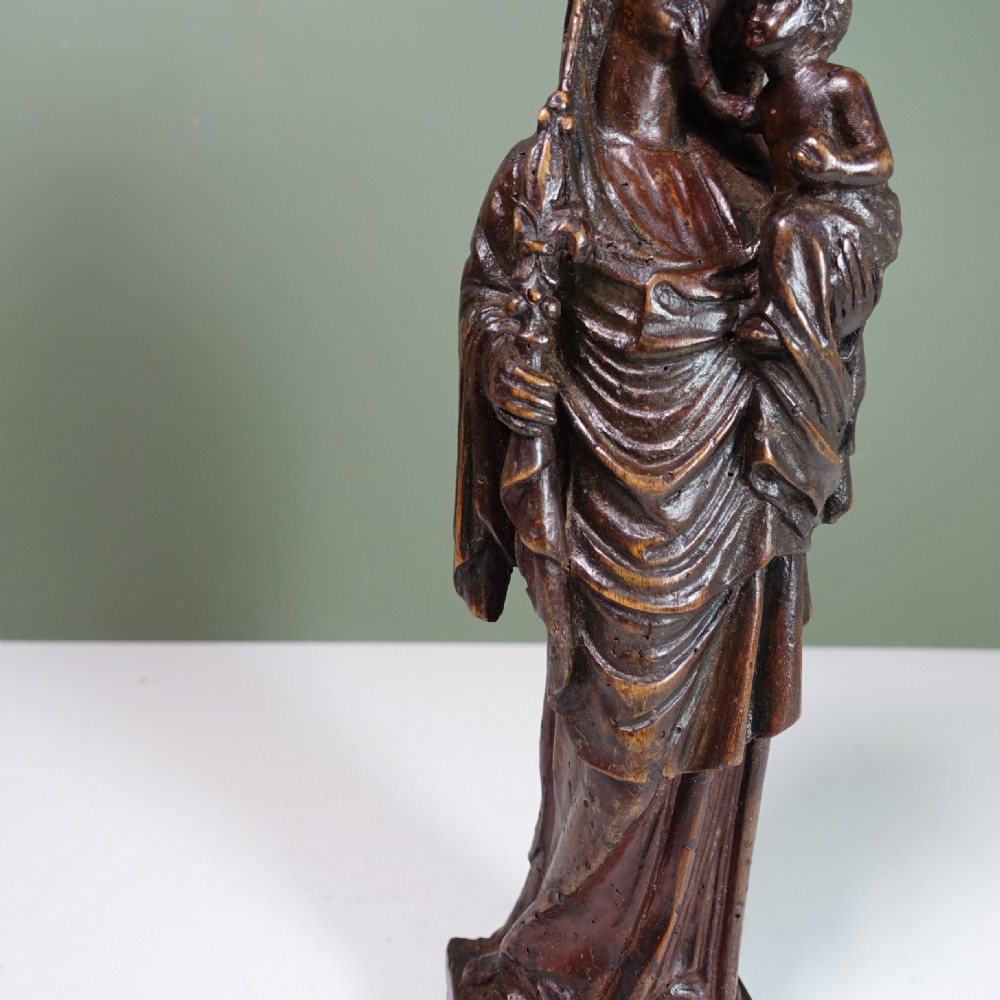 19TH C CARVED WALNUT FIGURE OF MADONNA & CHILD View V