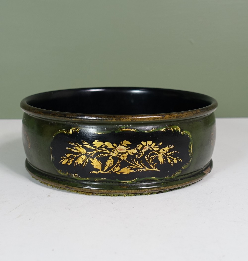 19TH C PAPIER MACHE DECANTER, BOTTLE COASTER