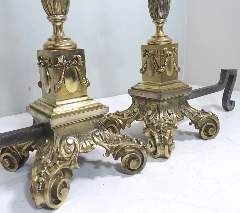 PAIR OF LARGE 19TH C BRASS FIRE DOGS View V