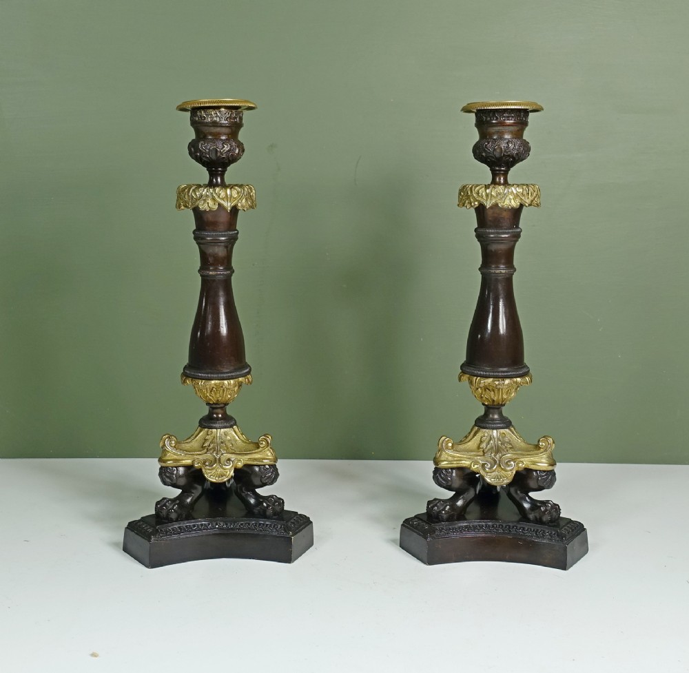 PAIR OF EARLY 19TH C ORMOLU & BRONZE CANDLESTSICKS