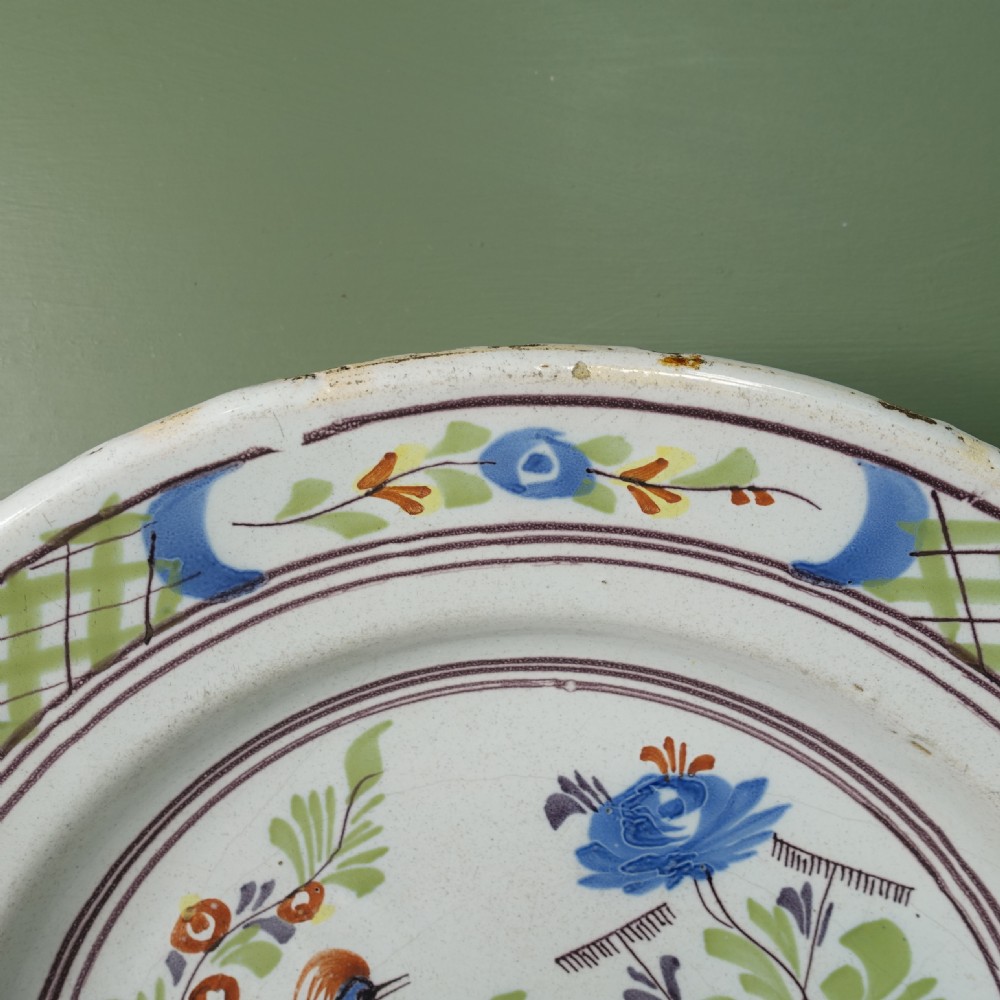 18TH C TIN GLAZED POLYCHROME CHARGER View III