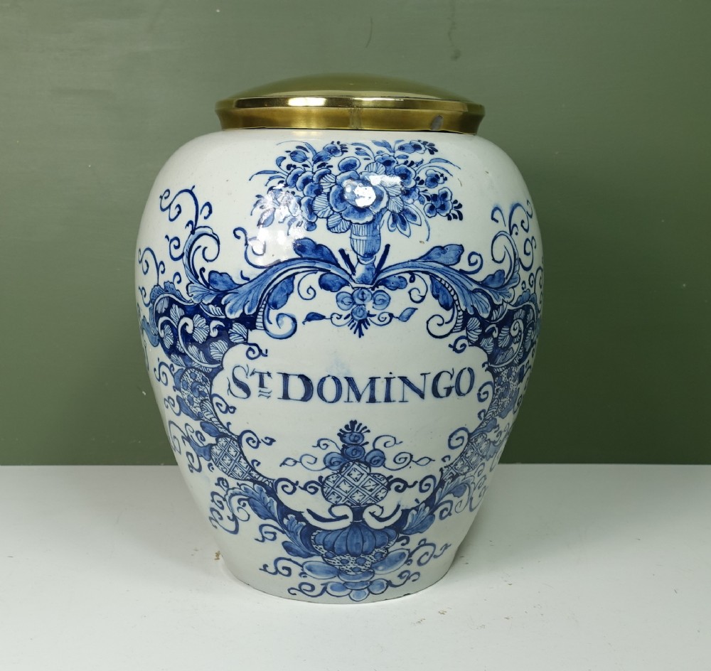 18TH C DELFT TOBACCO JAR 'ST DOMINGO'