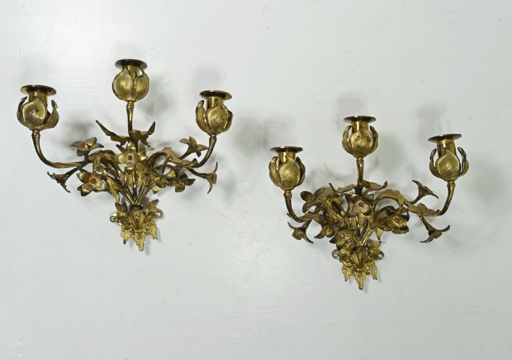 PAIR OF 19TH C GILT BRASS WALL SCONCES