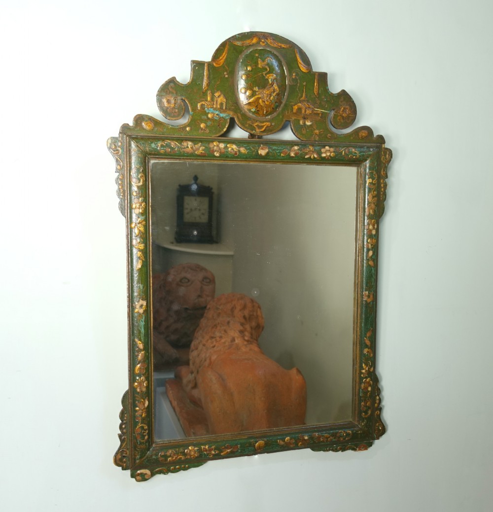 19TH C GREEN & GILT LACQUERED MIRROR