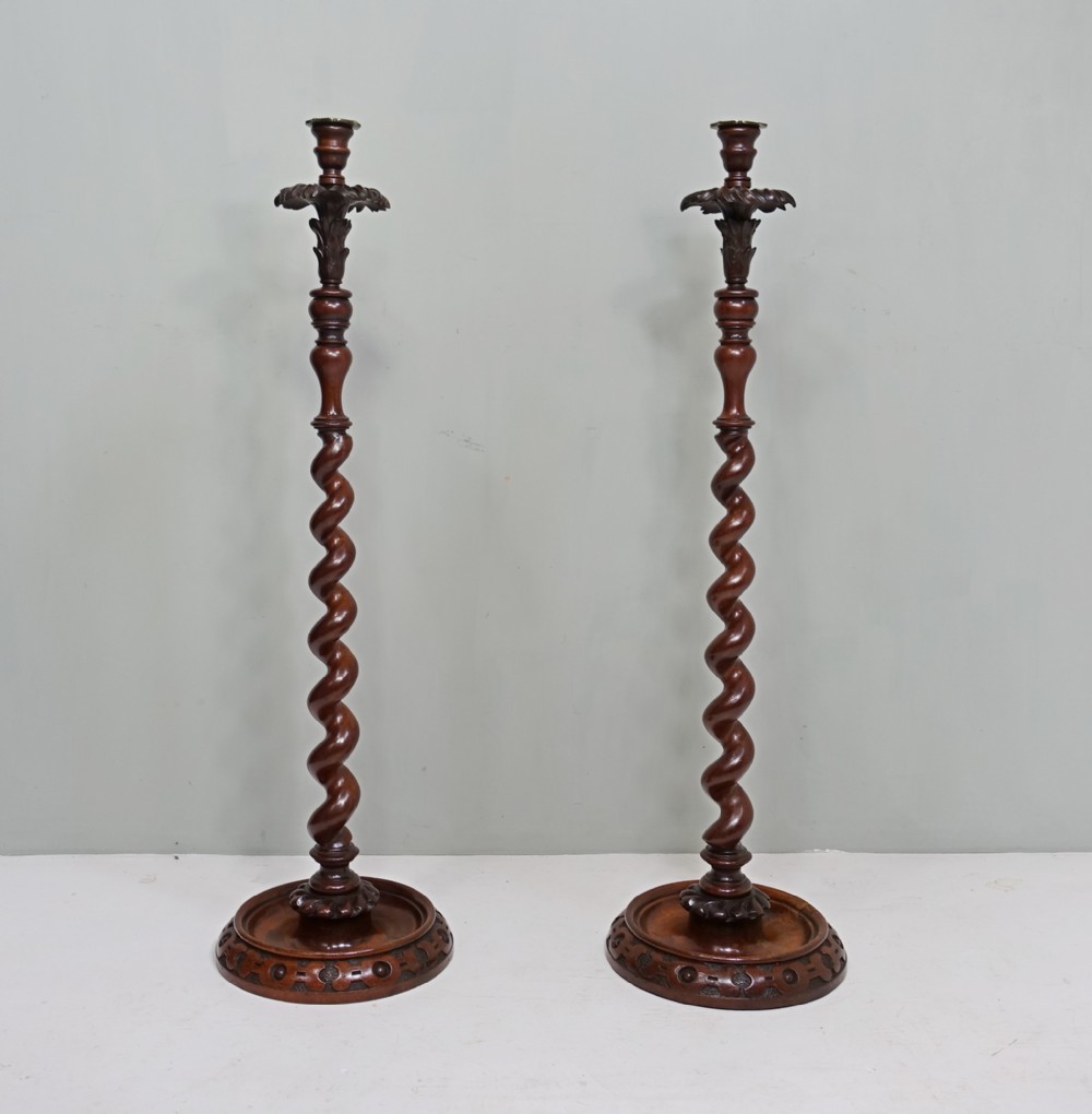 VERY TALL 19TH C WALNUT CANDLESTICKS WITH MAKERS LABEL