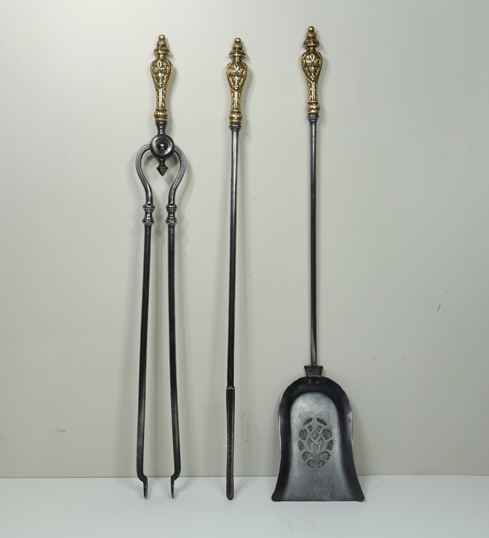 SET OF 19TH C BRASS & STEEL FIRE TOOLS