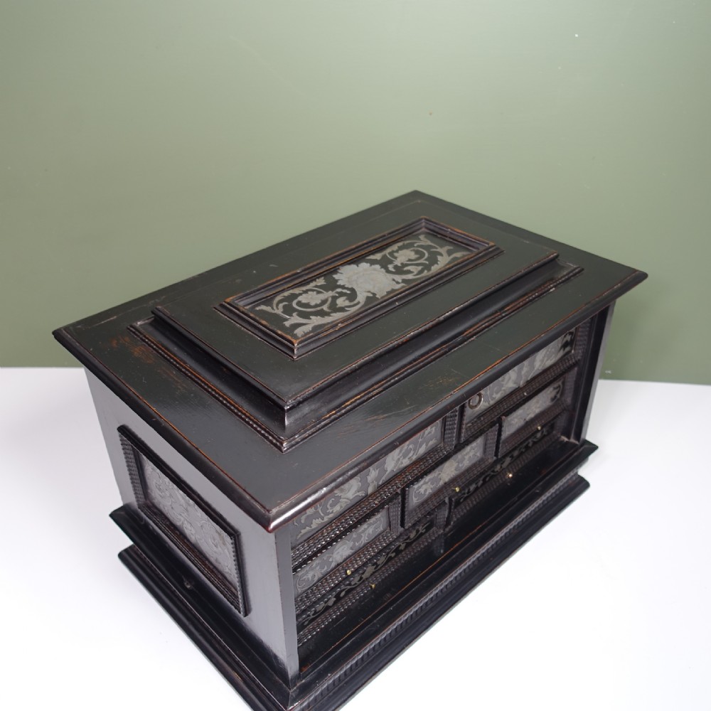 EBONIZED PEAR WOOD AND INLAID PEWTER CASKET C1700 View III