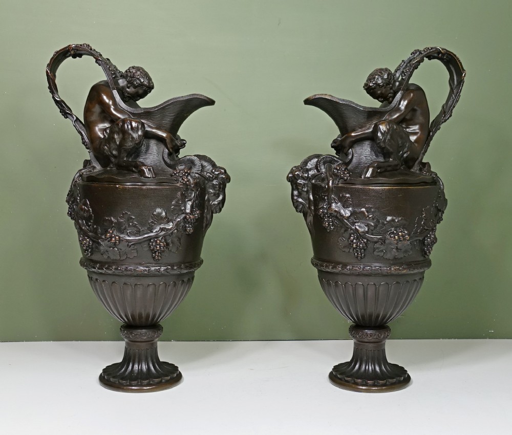 LARGE PAIR OF 19TH C BRONZE EWERS