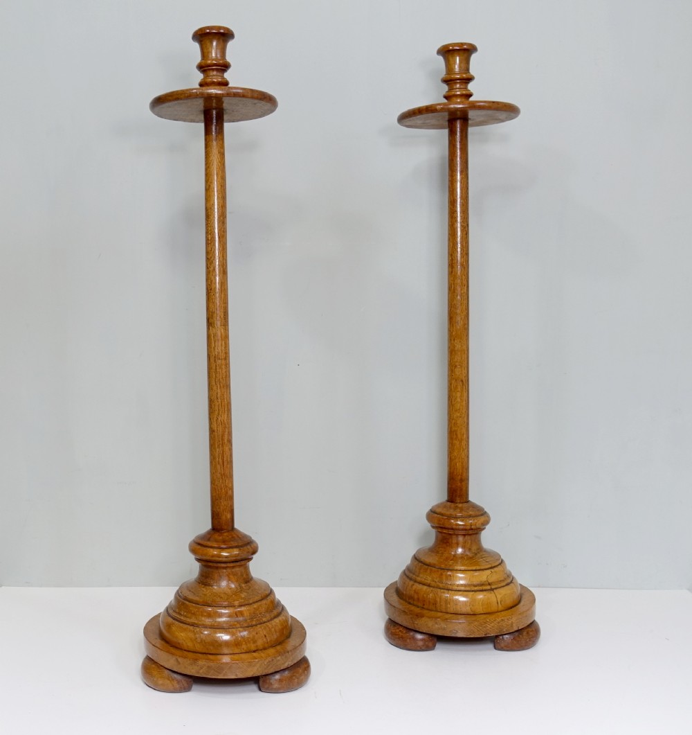 TALL PAIR OF 19TH C OAK CANDLESTICKS