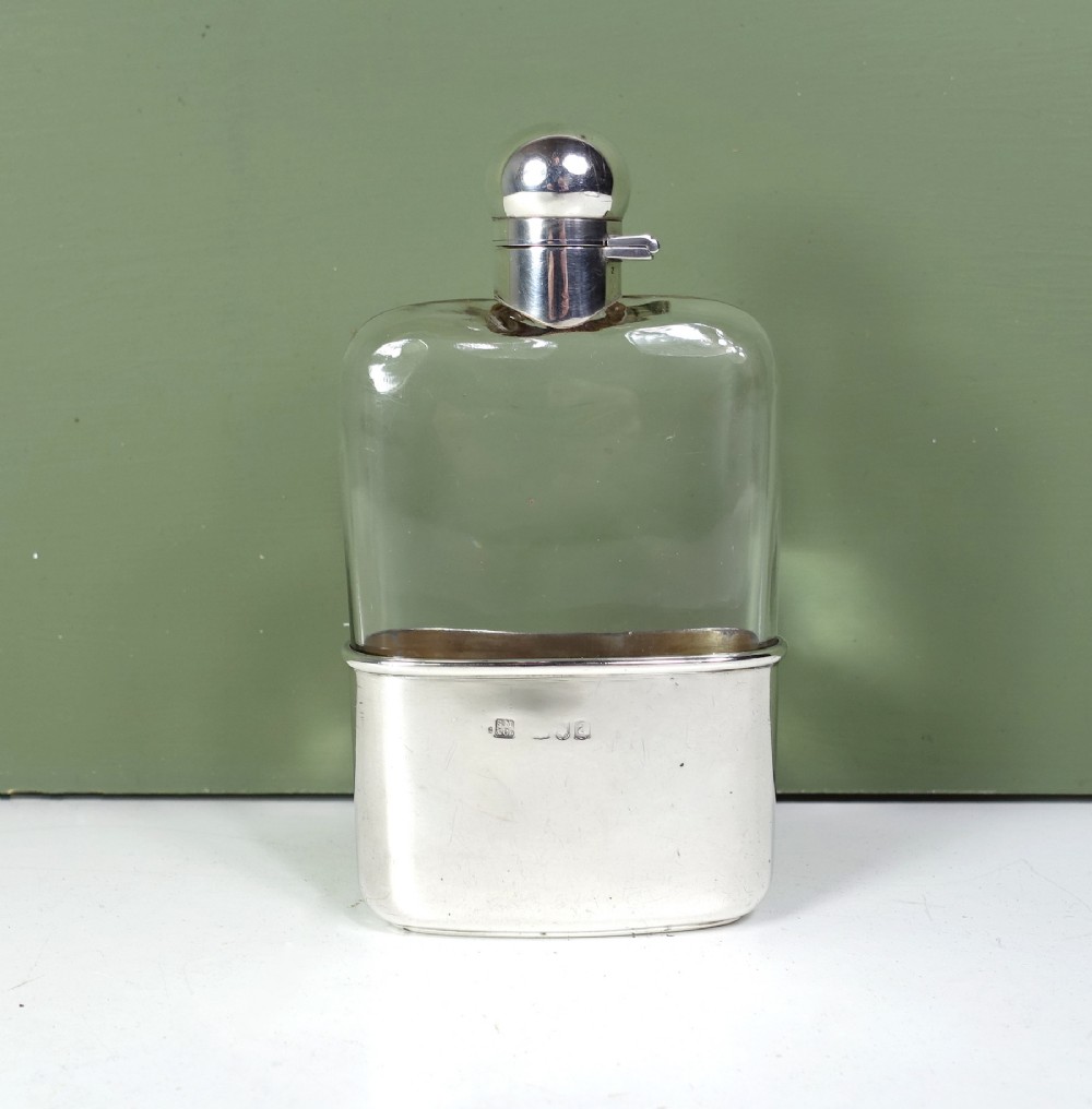 19TH C SILVER & GLASS HIP FLASK