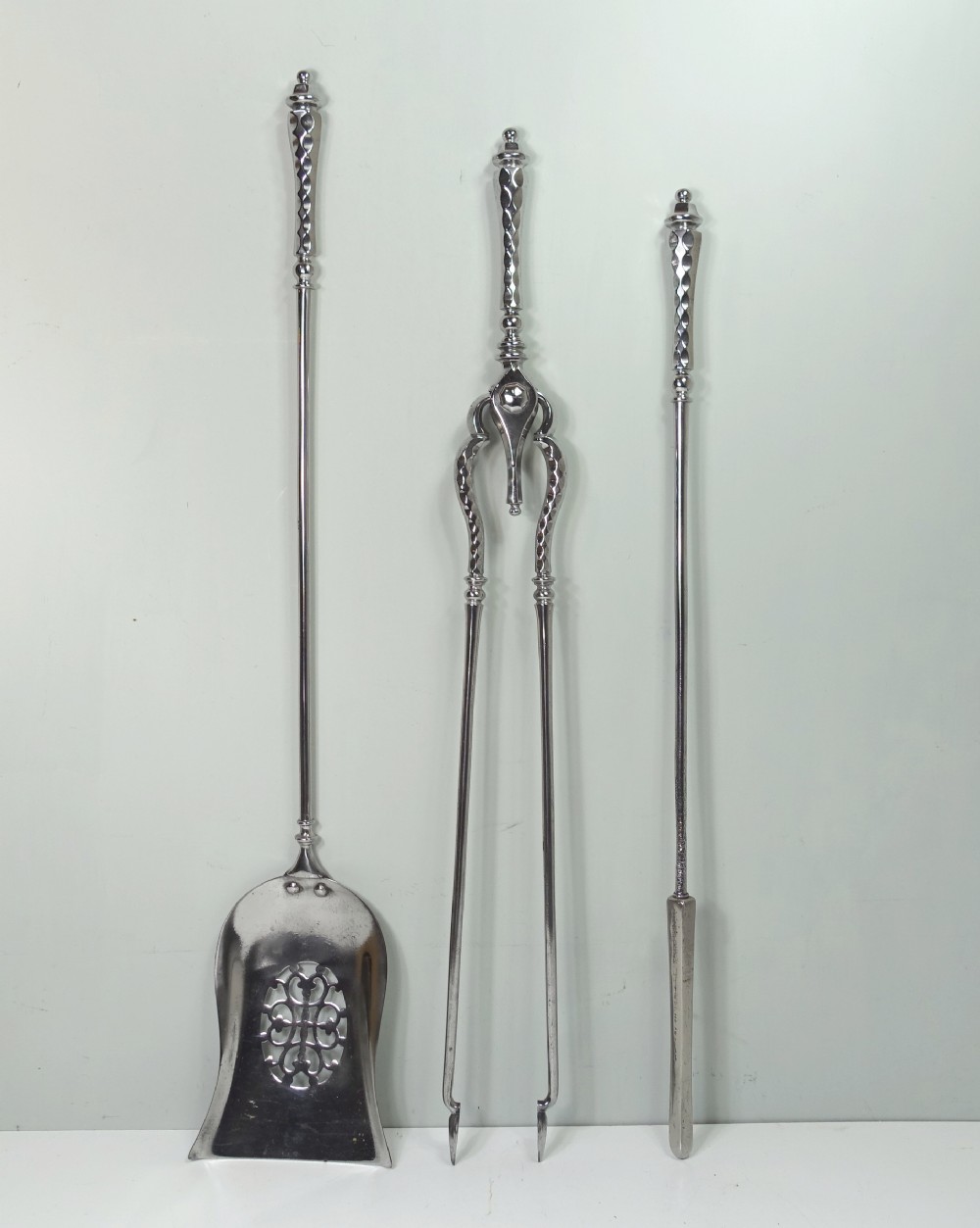 SET OF LARGE 18TH C BURNISHED STEEL FIRE TOOLS