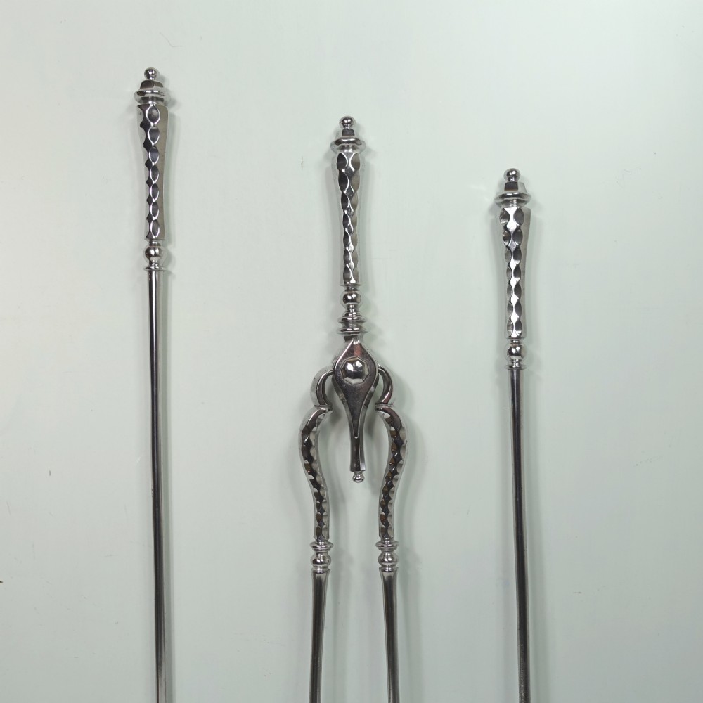 SET OF LARGE 18TH C BURNISHED STEEL FIRE TOOLS View III