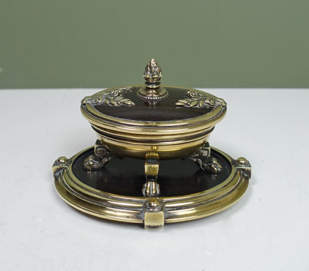 19TH C BRASS & LABURNUM DESK MATCH HOLDER