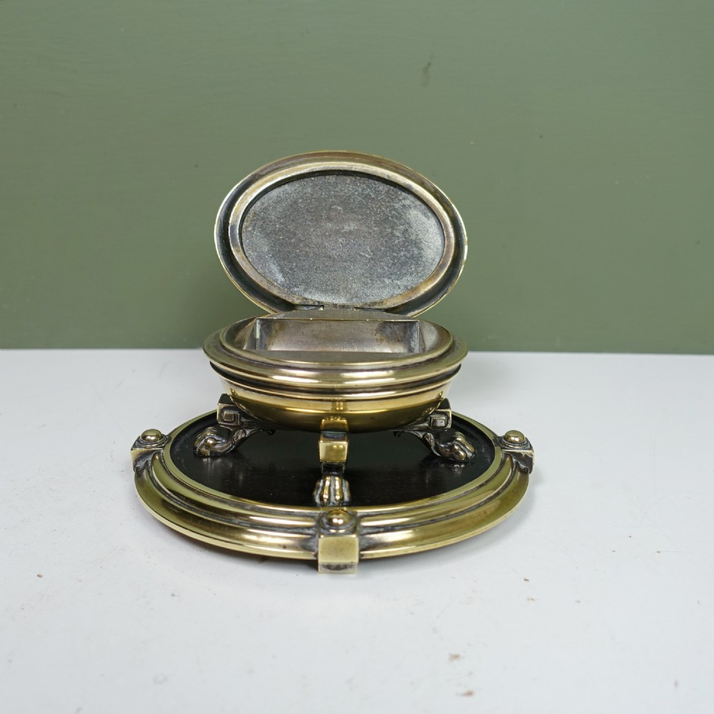 19TH C BRASS & LABURNUM DESK MATCH HOLDER View II