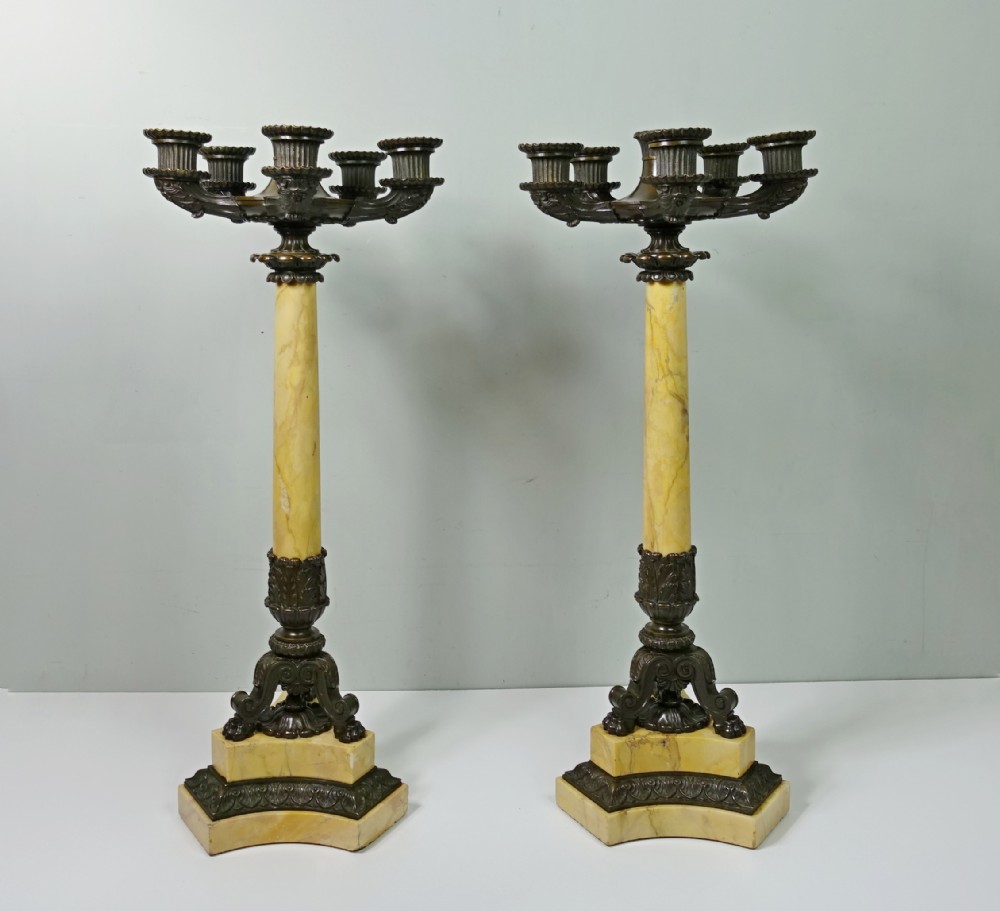PAIR OF EARLY 19TH C BRONZE & SIENNA MARBLE CANDELABRA