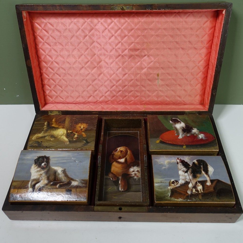 19TH C DECORATED BOX WITH SCENES OF DOGS View II