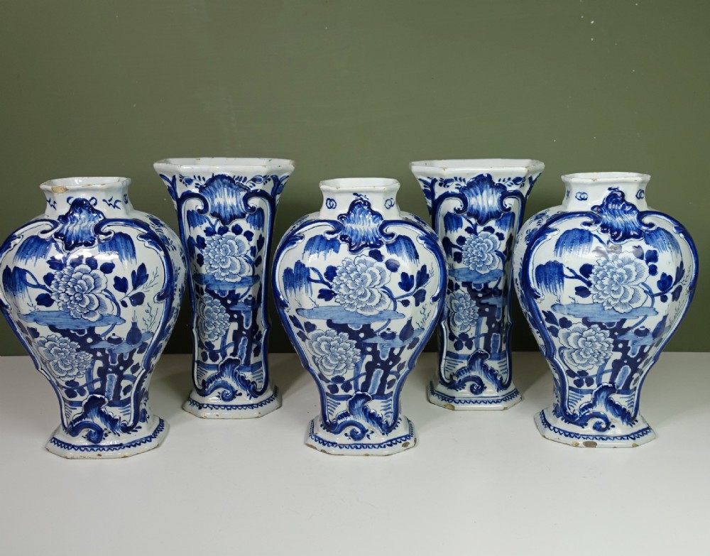 SET OF FIVE 18TH C DELFT VASES