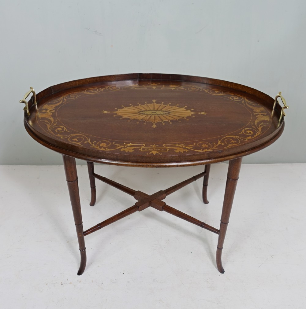 19TH C MAHOGANY INLAID TRAY ON STAND