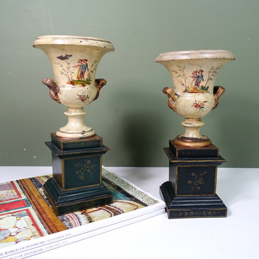 PAIR OF 19TH C DECORATED TOLE VASES View II