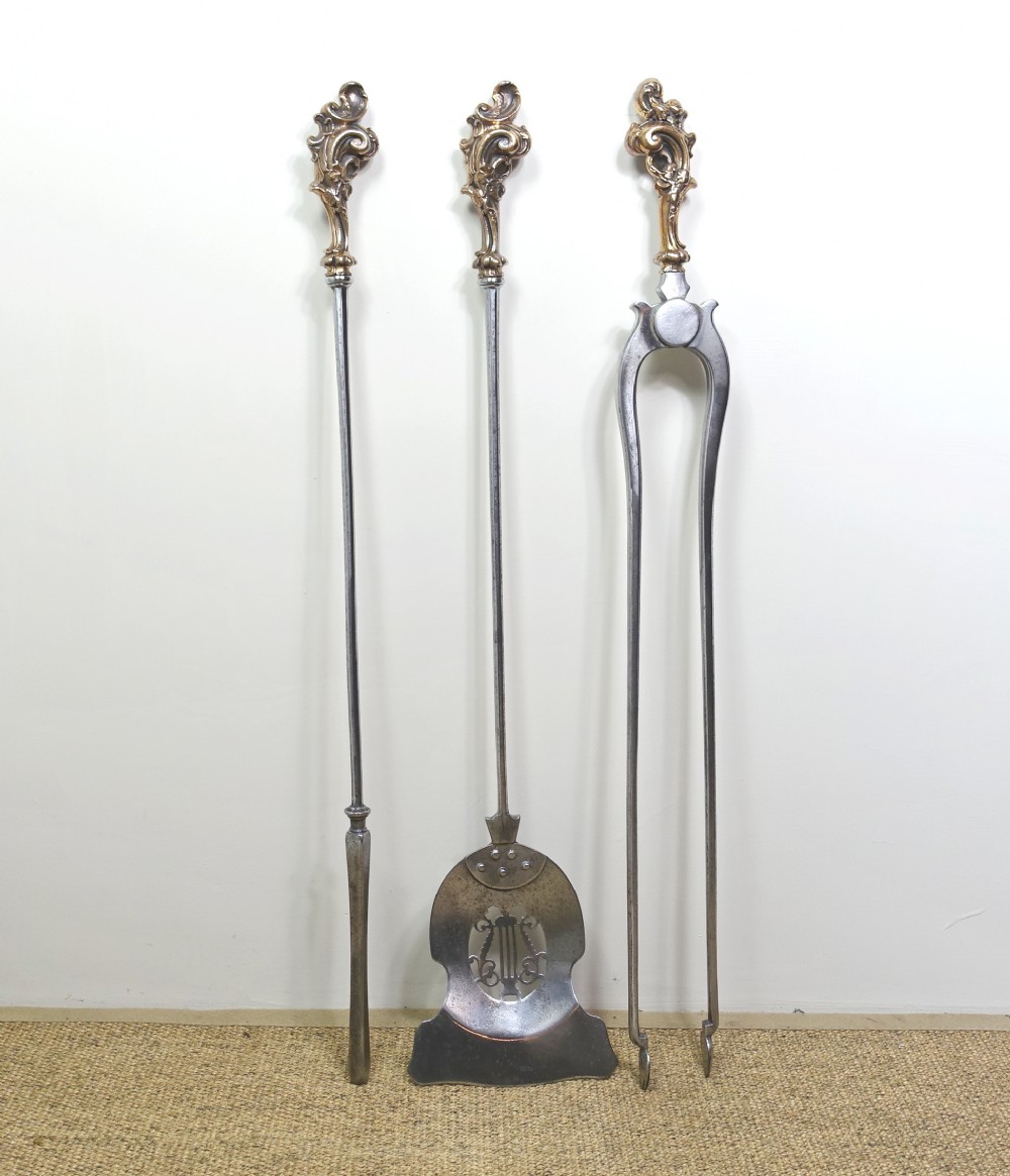 SET OF EARLY 19TH C STEEL & BRONZE FIRE TOOLS