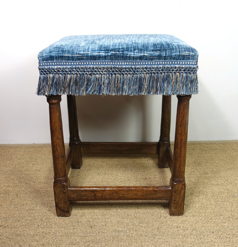 EARLY 18TH C OAK STOOL WITH SILK VELVET SEAT