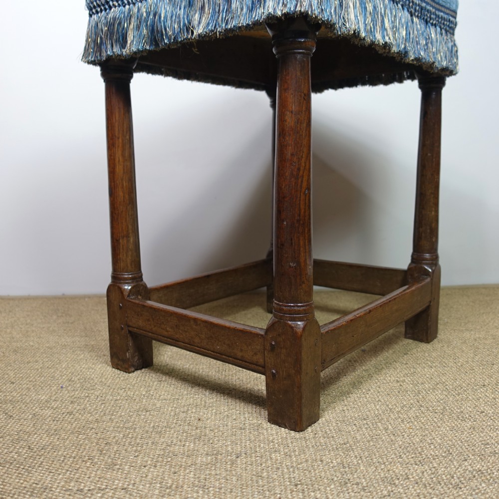 EARLY 18TH C OAK STOOL WITH SILK VELVET SEAT View III