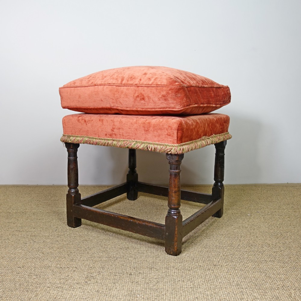 QUEEN ANNE OAK STOOL WITH VELVET CUSHION