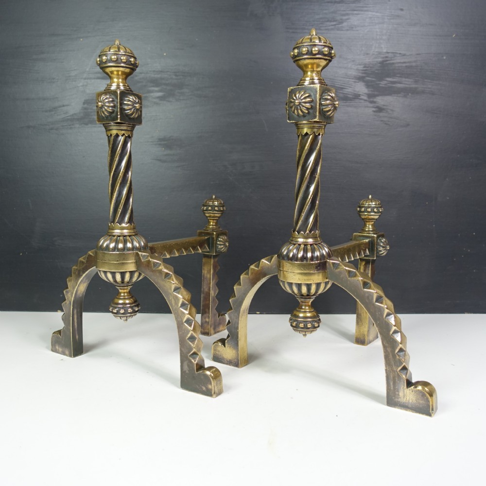 PAIR OF 19TH C BRASS FIRE DOGS