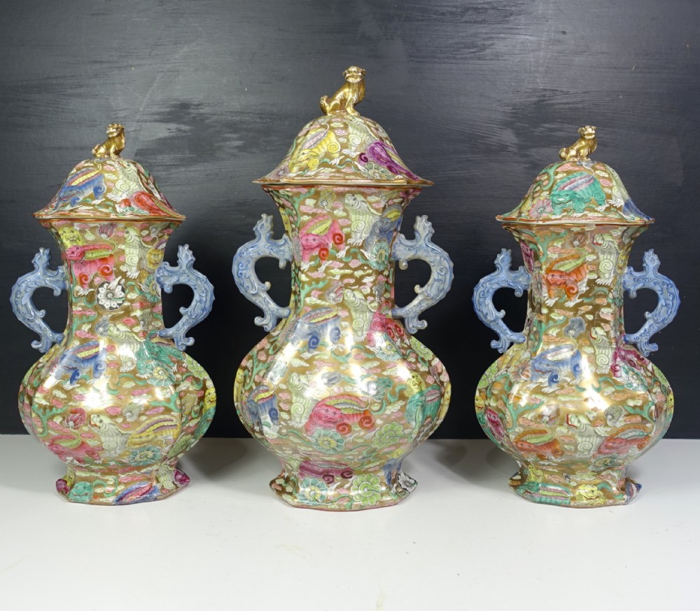 SET OF THREE MASONS IRONSTONE VASES & COVER