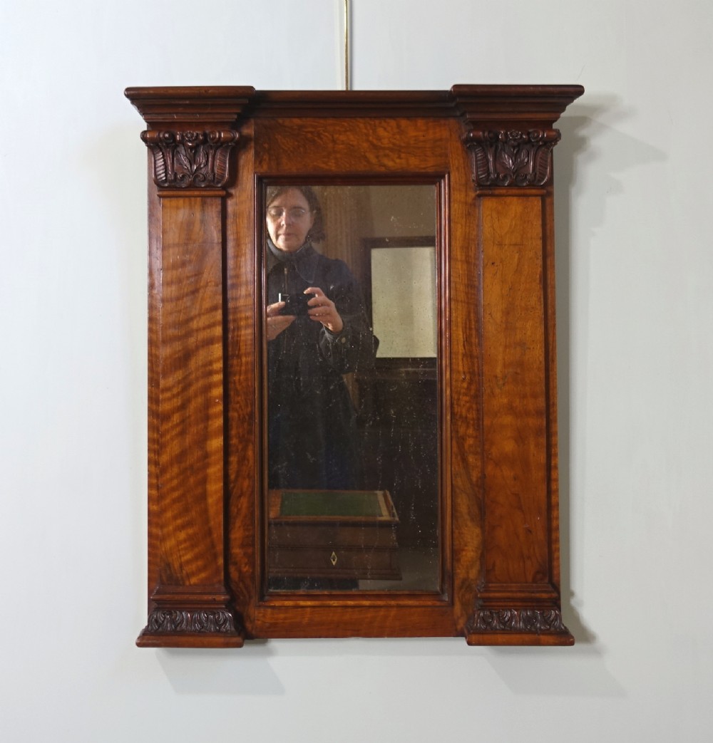19TH C CARVED FIGURED WALNUT MIRROR