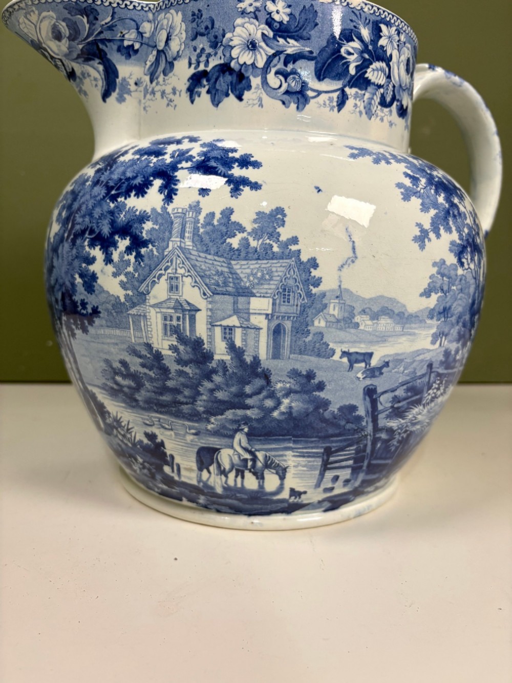 LARGE 19TH C BLUE & WHITE JUG View V