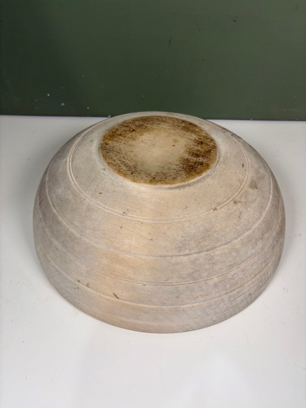 A nineteenth-century turned sycamore dairy bowl featuring horizontal scribed lines along the exterior and a naturally aged timber patina. View III