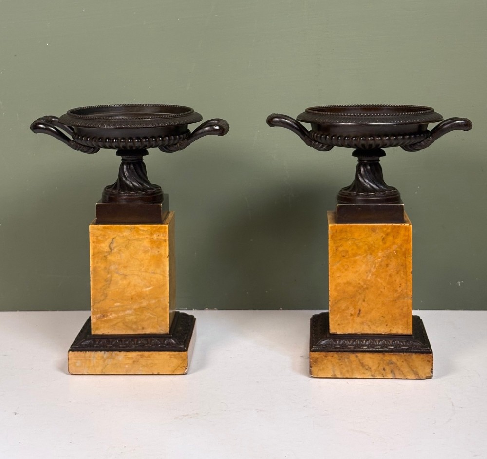 PAIR OF 19TH BRONZE & MARBLE TAZZA VASES