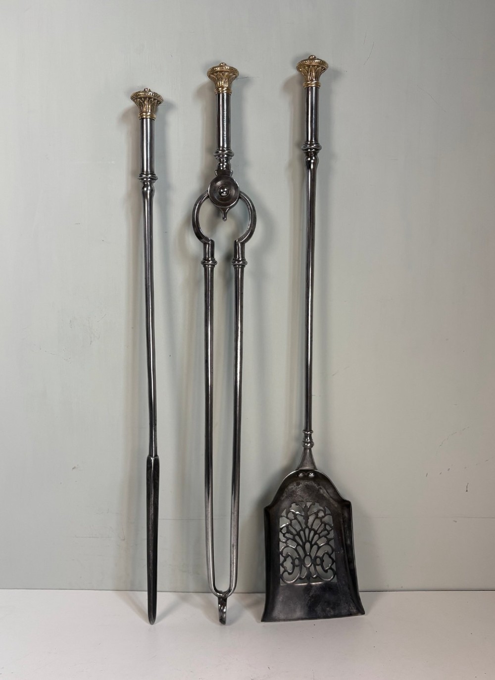 SET OF 18TH C BRASS & STEEL FIRE TOOLS
