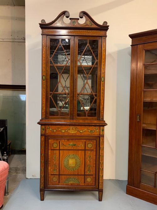 Fine Satinwood Polychrome Decorated Corner Cupboard
