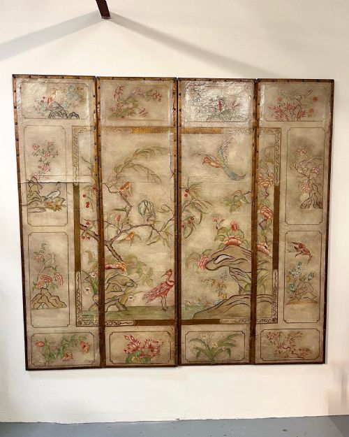 Hand Painted Chinoiserie Leather Folding Screen