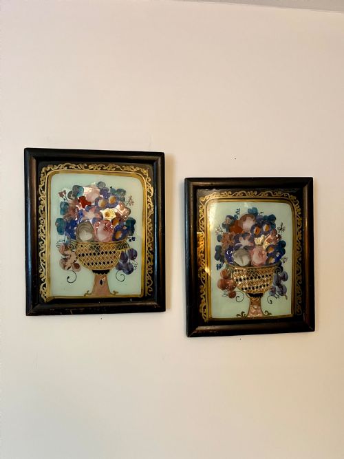 Pair Naive Reverse Glass Paintings