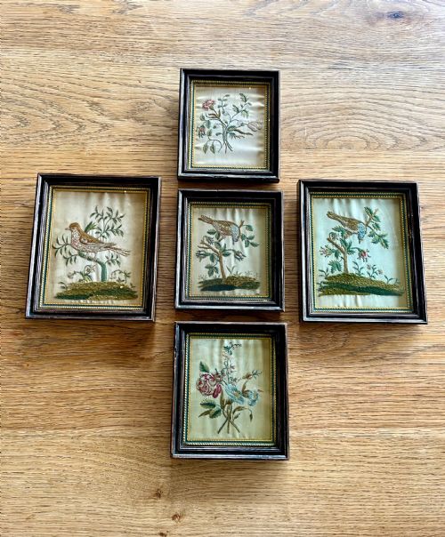 Five Regency Silkwork  Embroidered Pictures