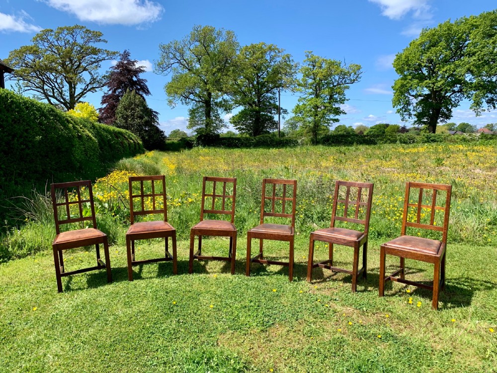 Six Heals style lattice back oak dining chairs 