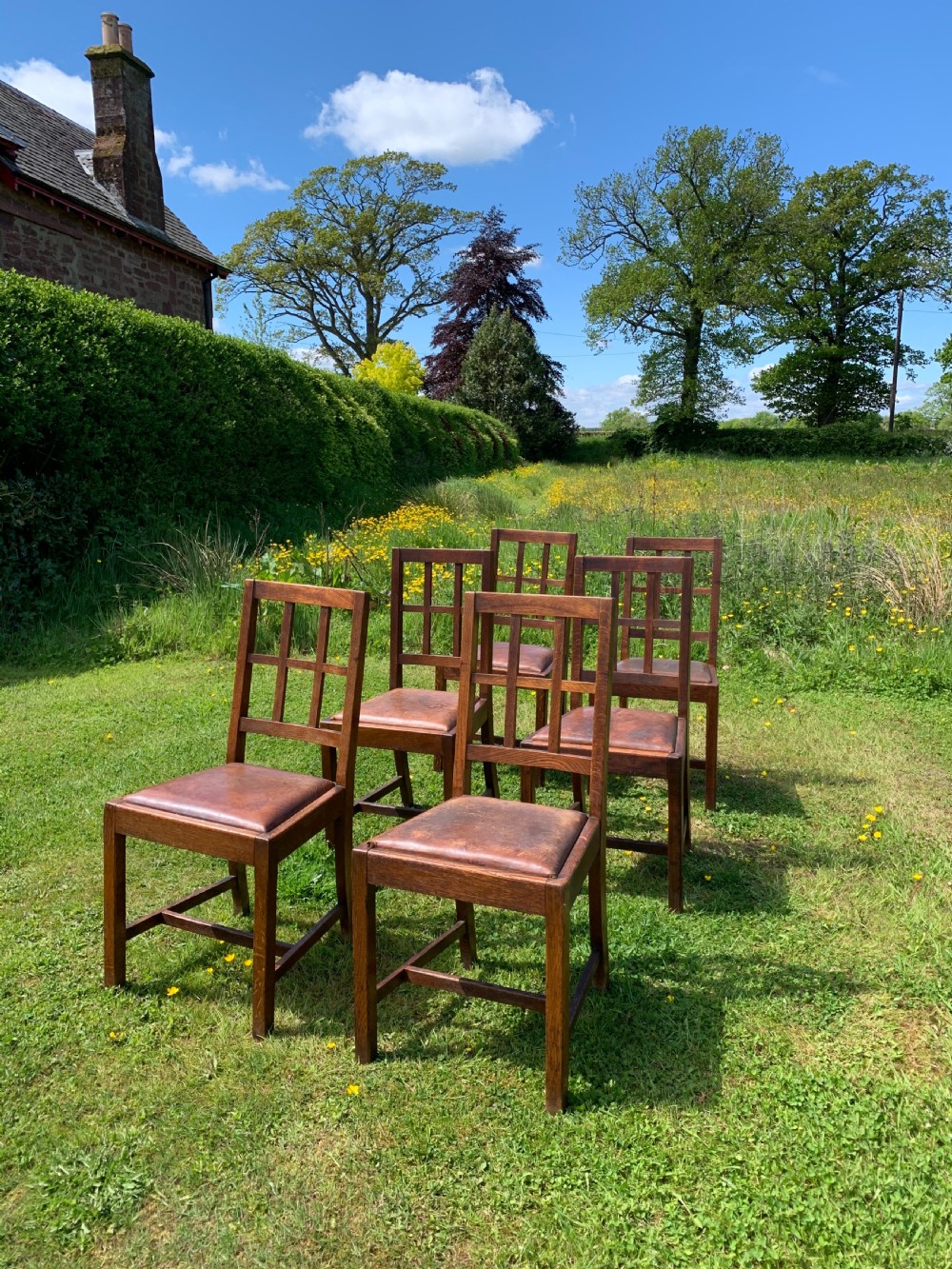 Six Heals style lattice back oak dining chairs  View II
