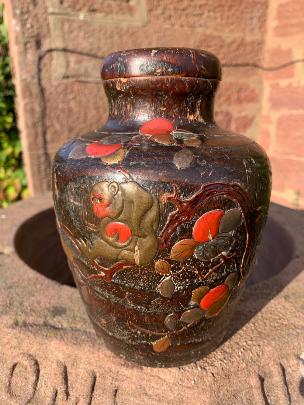 Meiji carved lacquer  lidded vase