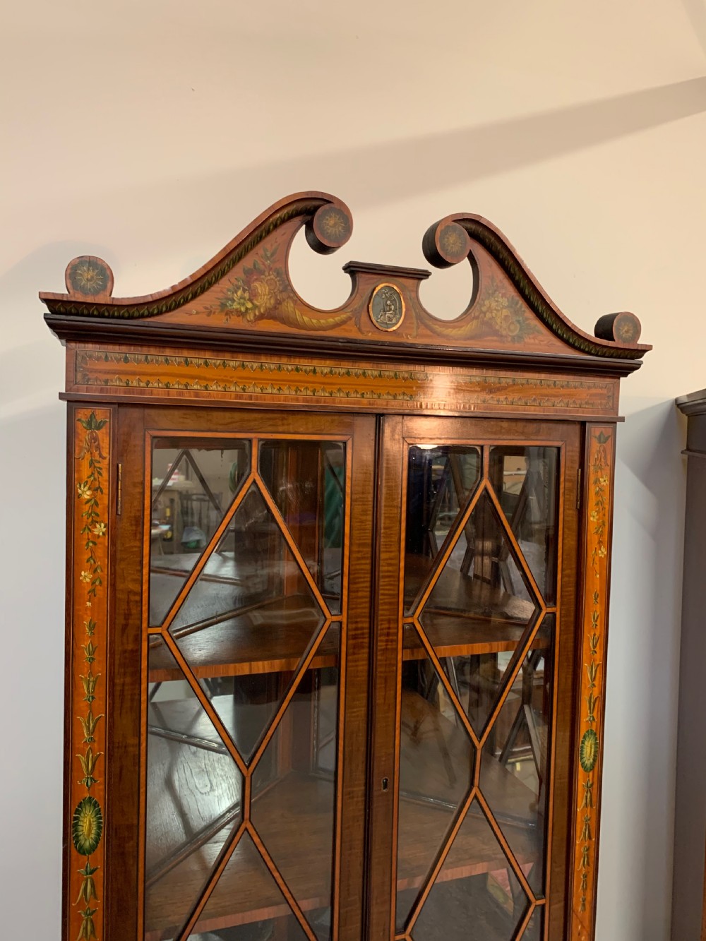 Fine satinwood polychrome decorated corner cupboard  View II