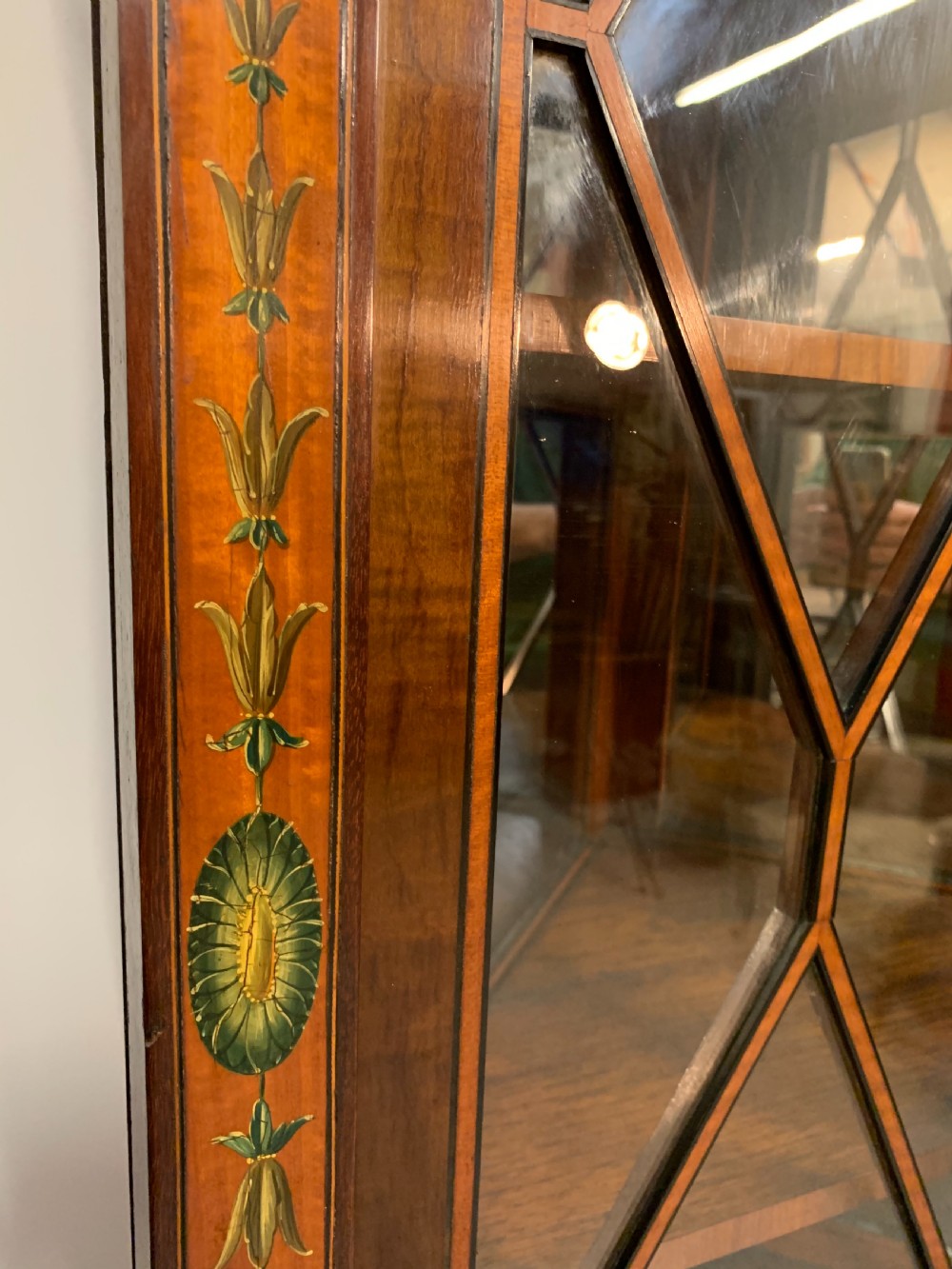 Fine satinwood polychrome decorated corner cupboard  View V