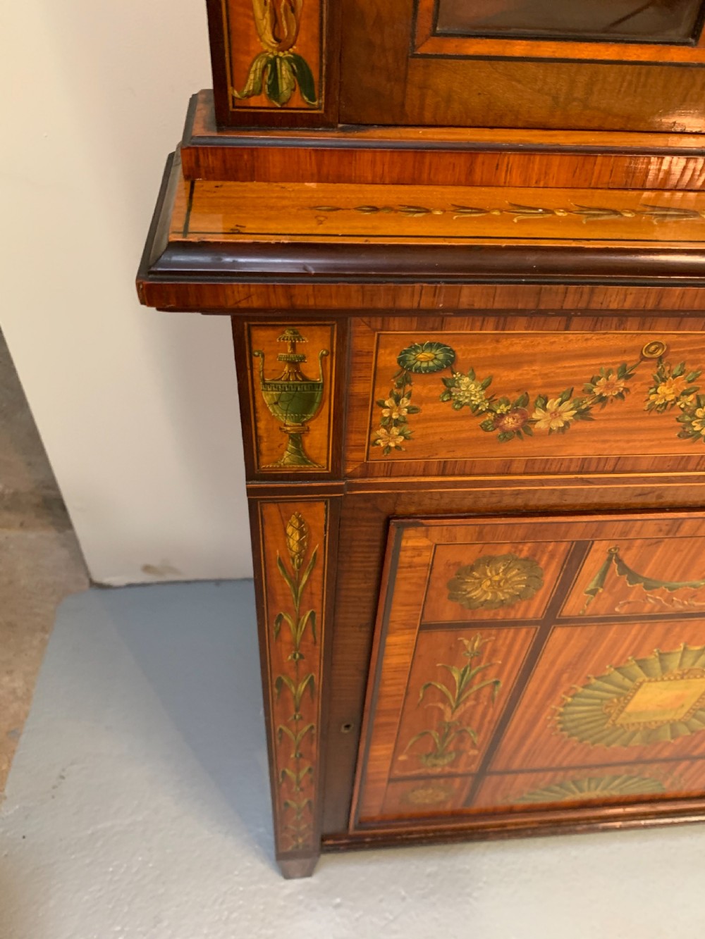 Fine satinwood polychrome decorated corner cupboard  View XX