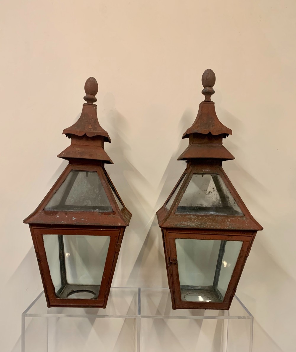 Large pair tole pagoda top lanterns  View II
