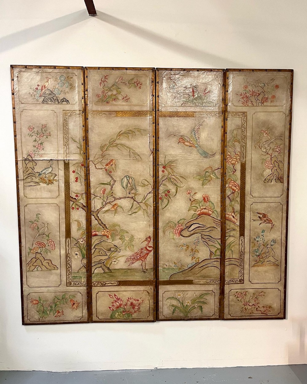 Hand painted chinoiserie leather folding screen 