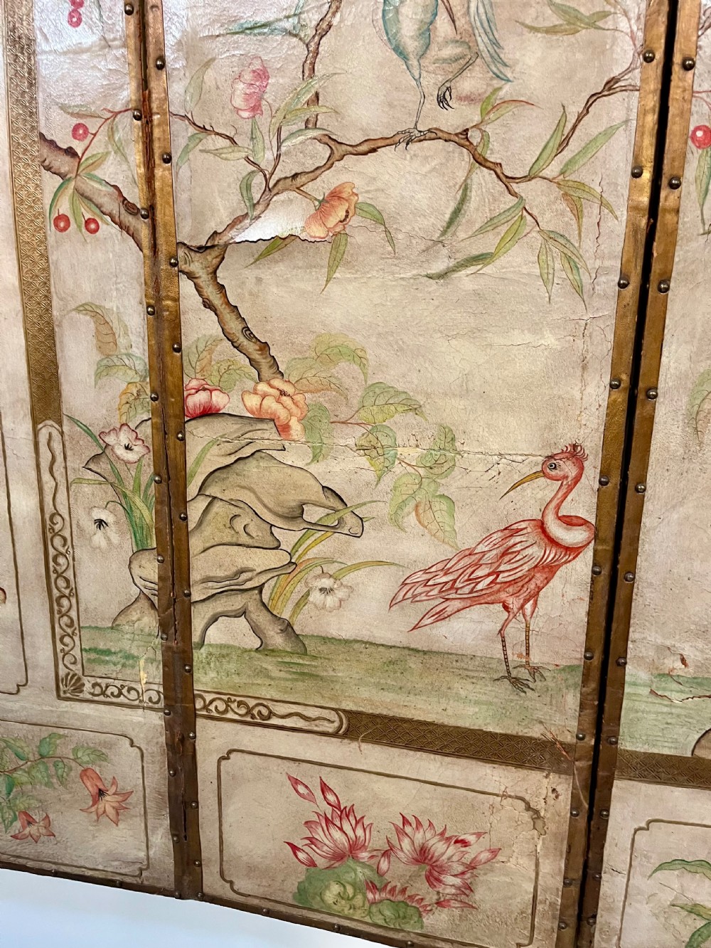 Hand painted chinoiserie leather folding screen  View IX